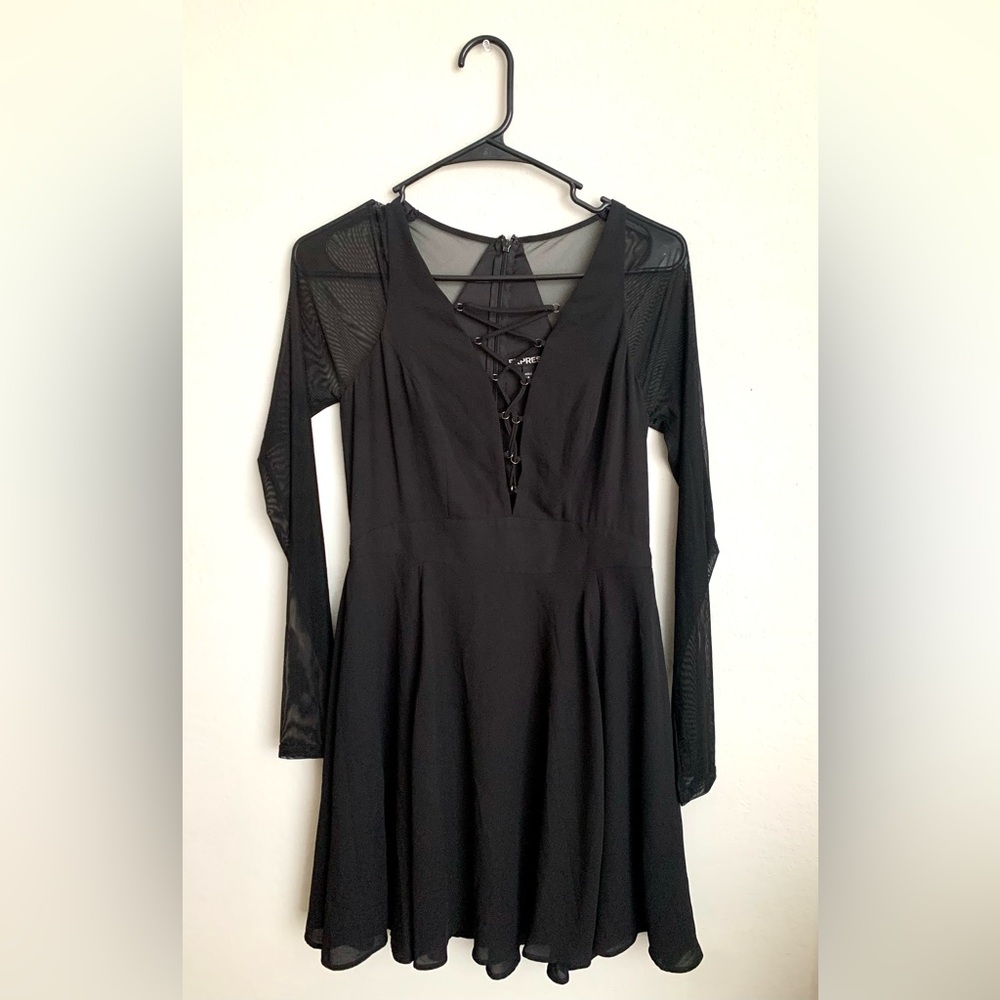 Express Black Long Sleeve Lace-Up Dress